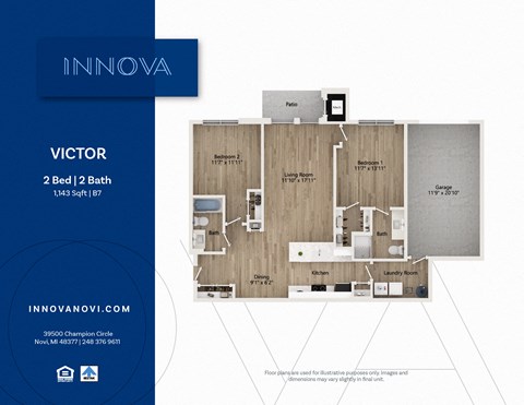 Floor plan for 2 beds, 2 baths, 1143 sqft
